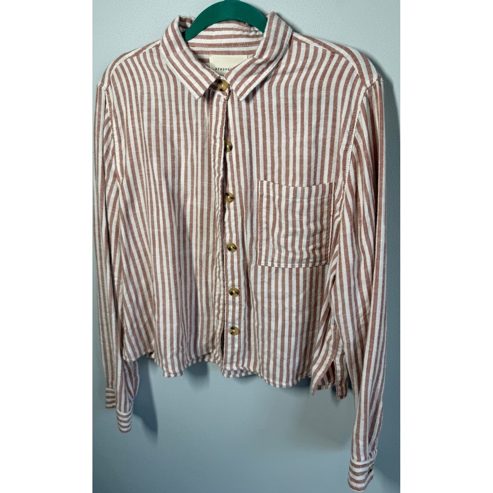 Aeropostale Womens Shirt XL Brown White Striped Cropped Button Down Long Sleeve